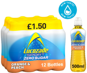 Lucozade Sport Drink Zero Sugar Orange & Peach PMP £1.50 500ml