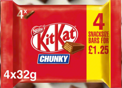 Kit Kat Chunky Milk Chocolate Bar 4 Pack Multipack 128g £1.25 PMP