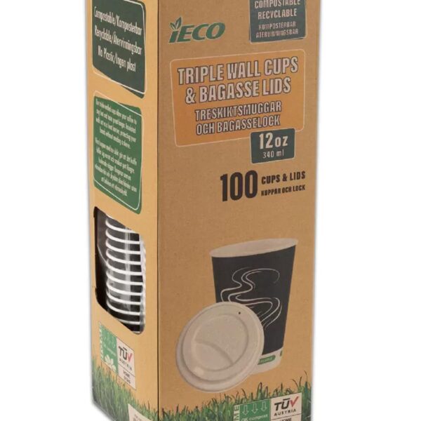 iECO Recyclable Triple Wall Hot Cups & Lids, 12oz, 100 Pack